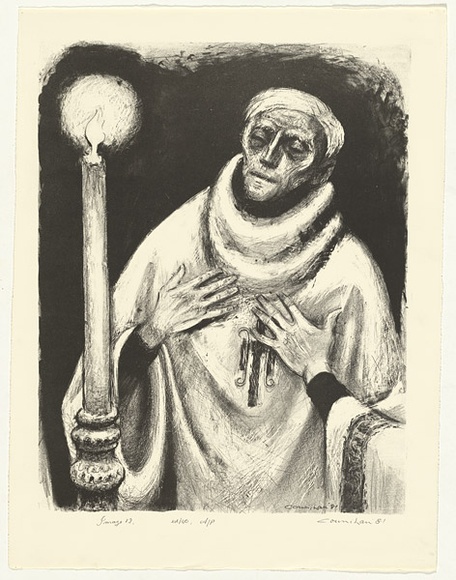 Artist: b'Counihan, Noel.' | Title: b'The relieving priest.' | Date: 1981 | Technique: b'lithograph, printed in black ink, from one stone' Artist: b'Counihan, Noel.' | Title: b'The relieving priest.' | Date: 1981 | Technique: b'lithograph, printed in black ink, from one stone'