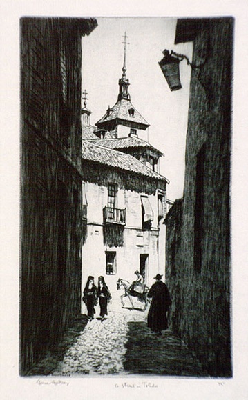 Artist: b'LINDSAY, Lionel' | Title: b'A street, Toledo' | Date: 1938 | Technique: b'drypoint, printed in blue/black ink, from one plate' | Copyright: b'Courtesy of the National Library of Australia' Artist: b'LINDSAY, Lionel' | Title: b'A street, Toledo' | Date: 1938 | Technique: b'drypoint, printed in blue/black ink, from one plate' | Copyright: b'Courtesy of the National Library of Australia'