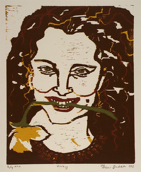 Artist: b'Randell, Fleur.' | Title: b'Vicky' | Date: 1993 | Technique: b'woodcut, printed in colour, from four blocks' Artist: b'Randell, Fleur.' | Title: b'Vicky' | Date: 1993 | Technique: b'woodcut, printed in colour, from four blocks'