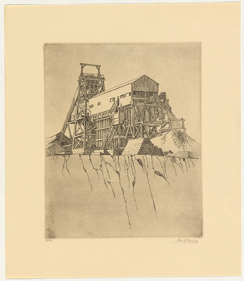 Artist: b'Rawling, Charles W.' | Title: b'North Mine poppet head' | Date: 1925 | Technique: b'etching, printed in black ink with plate-tone' Artist: b'Rawling, Charles W.' | Title: b'North Mine poppet head' | Date: 1925 | Technique: b'etching, printed in black ink with plate-tone'