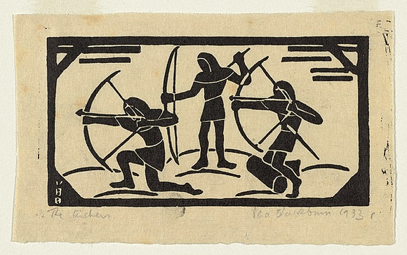 Artist: b'Blackburn, Vera.' | Title: b'The archers.' | Date: 1933 | Technique: b'linocut, printed in black ink, from one block' | Copyright: b'\xc2\xa9 Vera Blackburn' Artist: b'Blackburn, Vera.' | Title: b'The archers.' | Date: 1933 | Technique: b'linocut, printed in black ink, from one block' | Copyright: b'\xc2\xa9 Vera Blackburn'