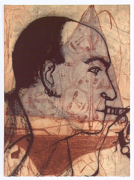 Artist: b'Kjar, Barbie.' | Title: b'William with sailboat' | Date: 1995 | Technique: b'etching, printed in black and ochre ink, from two plates' Artist: b'Kjar, Barbie.' | Title: b'William with sailboat' | Date: 1995 | Technique: b'etching, printed in black and ochre ink, from two plates'