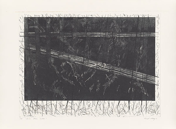 Artist: b'MEYER, Bill' | Title: b'Cosmic cheese cutter' | Date: 1981 | Technique: b'photo-etching, aquatint, drypoint, printed in black ink, from one zinc plate (mitsui pre-coated photo-engraving plate)' | Copyright: b'\xc2\xa9 Bill Meyer'