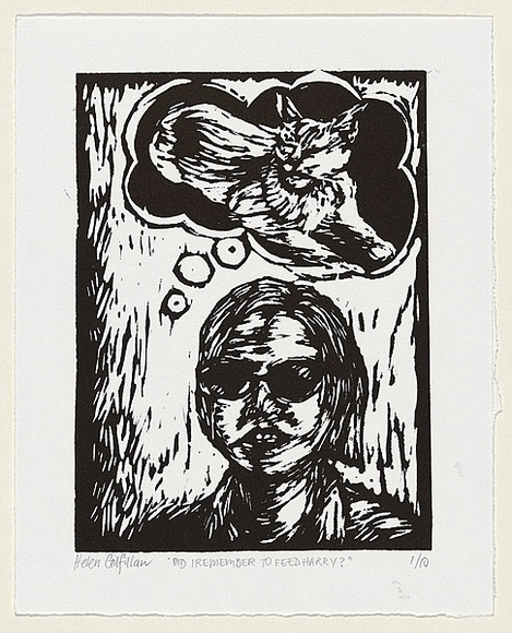 Artist: b'Gilfillan, Helen.' | Title: b'Did I remember to feed Harry?' | Date: 1999 | Technique: b'linocut, printed in black ink, from one block' Artist: b'Gilfillan, Helen.' | Title: b'Did I remember to feed Harry?' | Date: 1999 | Technique: b'linocut, printed in black ink, from one block'