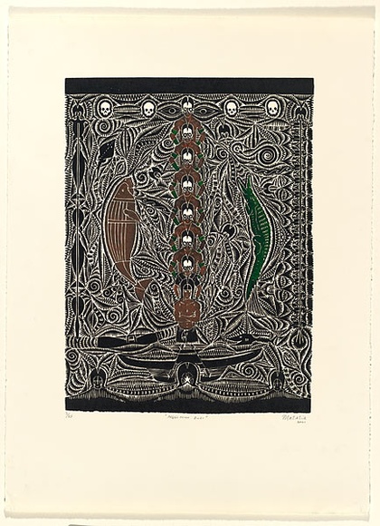 Artist: b'Warrior, Matatia Andrew.' | Title: b'Ng\xc3\xb6lmun Buai (My family tree)' | Date: 2001 | Technique: b'linocut, printed in colour, from one block' Artist: b'Warrior, Matatia Andrew.' | Title: b'Ng\xc3\xb6lmun Buai (My family tree)' | Date: 2001 | Technique: b'linocut, printed in colour, from one block'