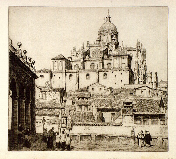 Artist: b'LINDSAY, Lionel' | Title: b'Salamanca Cathedral' | Date: 1928 | Technique: b'etching, printed in brown ink, from one plate' | Copyright: b'Courtesy of the National Library of Australia' Artist: b'LINDSAY, Lionel' | Title: b'Salamanca Cathedral' | Date: 1928 | Technique: b'etching, printed in brown ink, from one plate' | Copyright: b'Courtesy of the National Library of Australia'