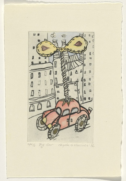 Artist: b'Komives, Angela.' | Title: b'Toy car' | Date: 1996, August | Technique: b'drypoint, printed in black ink from one plate; hand coloured' Artist: b'Komives, Angela.' | Title: b'Toy car' | Date: 1996, August | Technique: b'drypoint, printed in black ink from one plate; hand coloured'
