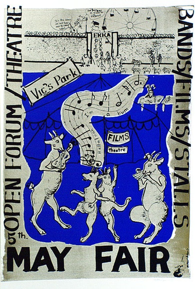 Artist: b'Speirs, Andrew.' | Title: b'May fair: Open forum, theatre, bands, films, stalls' | Date: 1979 | Technique: b'screenprint, printed in colour, from multiple stencils' Artist: b'Speirs, Andrew.' | Title: b'May fair: Open forum, theatre, bands, films, stalls' | Date: 1979 | Technique: b'screenprint, printed in colour, from multiple stencils'
