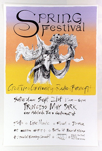 Artist: b'Praxis Poster Workshop.' | Title: b'Spring Festival, Creative Community Radio Benefit' | Technique: b'screenprint, printed in colour, from two stencils' Artist: b'Praxis Poster Workshop.' | Title: b'Spring Festival, Creative Community Radio Benefit' | Technique: b'screenprint, printed in colour, from two stencils'
