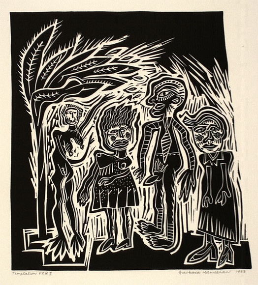 Artist: b'HANRAHAN, Barbara' | Title: b'Temptation' | Date: 1988 | Technique: b'linocut, printed in black ink, from one block' Artist: b'HANRAHAN, Barbara' | Title: b'Temptation' | Date: 1988 | Technique: b'linocut, printed in black ink, from one block'