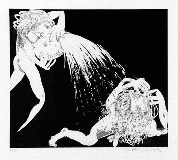 Artist: b'BOYD, Arthur' | Title: b'The women pouring water over the old men. Variant of No.7.' | Date: 1970 | Technique: b'etching and aquatint, printed in black ink, from one plate' Artist: b'BOYD, Arthur' | Title: b'The women pouring water over the old men. Variant of No.7.' | Date: 1970 | Technique: b'etching and aquatint, printed in black ink, from one plate'