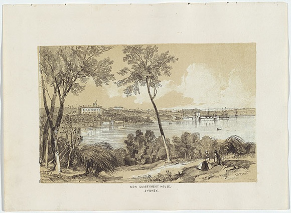 Artist: b'PROUT, John Skinner' | Title: b'New Government House, Sydney.' | Date: 1842 | Technique: b'lithograph, printed in colour, from two stones (black and brown tint stone); letterpress text' Artist: b'PROUT, John Skinner' | Title: b'New Government House, Sydney.' | Date: 1842 | Technique: b'lithograph, printed in colour, from two stones (black and brown tint stone); letterpress text'