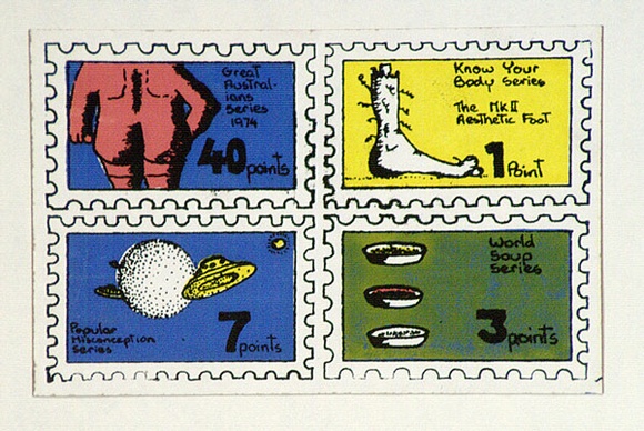 Artist: b'Conacher, Andrew.' | Title: b'(Poster of four stamps).' | Date: c.1974 | Technique: b'screenprint, printed in colour, from multiple stencils' Artist: b'Conacher, Andrew.' | Title: b'(Poster of four stamps).' | Date: c.1974 | Technique: b'screenprint, printed in colour, from multiple stencils'
