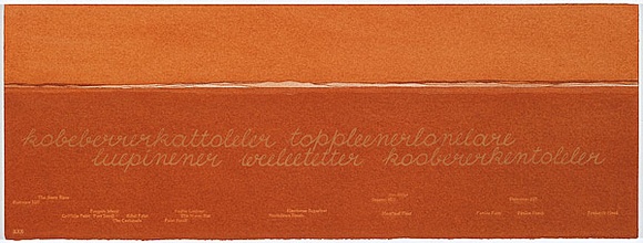 Artist: b'MADDOCK, Bea' | Title: b'Terra Spiritus...with a darker shade of pale' | Date: 1993-98 | Technique: b'stencil print, printed in hand-ground Launceston ochre from multiple hand-cut mylar stencils; letterpress text blind printed; hand-drawn script' Artist: b'MADDOCK, Bea' | Title: b'Terra Spiritus...with a darker shade of pale' | Date: 1993-98 | Technique: b'stencil print, printed in hand-ground Launceston ochre from multiple hand-cut mylar stencils; letterpress text blind printed; hand-drawn script'