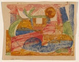 Title: b'The red bridge' | Date: c. 1955 | Technique: b'stamped print, printed in coloured ink, from multiple stamps'