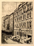 Artist: b'LINDSAY, Lionel' | Title: b'Evening News office, Market Street, Sydney' | Date: 1926 | Technique: b'etching, drypoint and aquatint, printed in black ink with plate-tone, from one plate' | Copyright: b'Courtesy of the National Library of Australia'