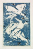 Artist: Buckley, Sue. | Title: not titled [Christmas card to Daniel Thomas]. | Date: c.1966 | Technique: woodcut, printed in blue ink, from one block; pen and ink with silver glitter