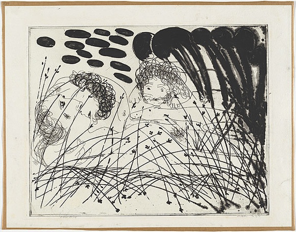 Artist: b'BOYD, Arthur' | Title: b'Figure in a cornfield with lion and trees.' | Date: (1968-69) | Technique: b'etching, printed in black ink, from one plate' | Copyright: b'Reproduced with permission of Bundanon Trust' Artist: b'BOYD, Arthur' | Title: b'Figure in a cornfield with lion and trees.' | Date: (1968-69) | Technique: b'etching, printed in black ink, from one plate' | Copyright: b'Reproduced with permission of Bundanon Trust'