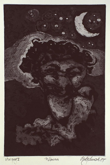 Artist: b'Gimour, Geoff.' | Title: b'Woman' | Date: 1987 | Technique: b'etching and aquatint, printed in dark brown ink, from one plate' Artist: b'Gimour, Geoff.' | Title: b'Woman' | Date: 1987 | Technique: b'etching and aquatint, printed in dark brown ink, from one plate'