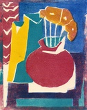 Artist: Brash, Barbara. | Title: (Still life - red vase, yellow flowers). | Date: c.1955 | Technique: linocut, printed in colour, from four blocks