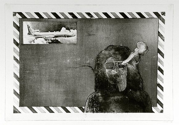 Artist: b'SHOMALY, Alberr' | Title: b'(Self-portrait with airliner)' | Date: 1974 | Technique: b'photo-etching and aquatint, printed in black ink, from one plate' Artist: b'SHOMALY, Alberr' | Title: b'(Self-portrait with airliner)' | Date: 1974 | Technique: b'photo-etching and aquatint, printed in black ink, from one plate'