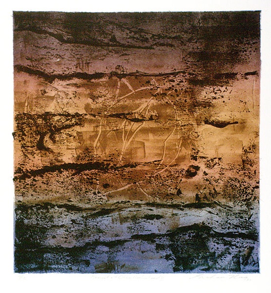 Artist: b'King, Grahame.' | Title: b'Monument at Obiri, Arnhem Land II' | Date: 1981 | Technique: b'lithograph, printed in colour, from four plates' Artist: b'King, Grahame.' | Title: b'Monument at Obiri, Arnhem Land II' | Date: 1981 | Technique: b'lithograph, printed in colour, from four plates'