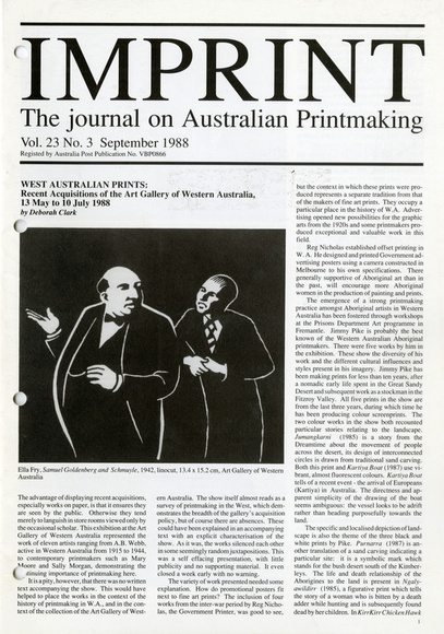 Artist: b'PRINT COUNCIL OF AUSTRALIA' | Title: b'Periodical | Imprint. Melbourne: Print Council of Australia, vol. 23, no. 3, 1988' | Date: 1998 Artist: b'PRINT COUNCIL OF AUSTRALIA' | Title: b'Periodical | Imprint. Melbourne: Print Council of Australia, vol. 23, no. 3, 1988' | Date: 1998