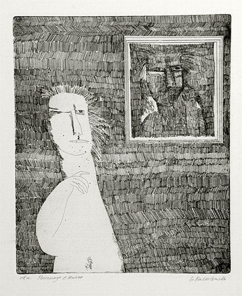Artist: b'BALDESSIN, George' | Title: b'Personage and mirror.' | Date: 1966 | Technique: b'etching, printed in black ink, from one plate' Artist: b'BALDESSIN, George' | Title: b'Personage and mirror.' | Date: 1966 | Technique: b'etching, printed in black ink, from one plate'