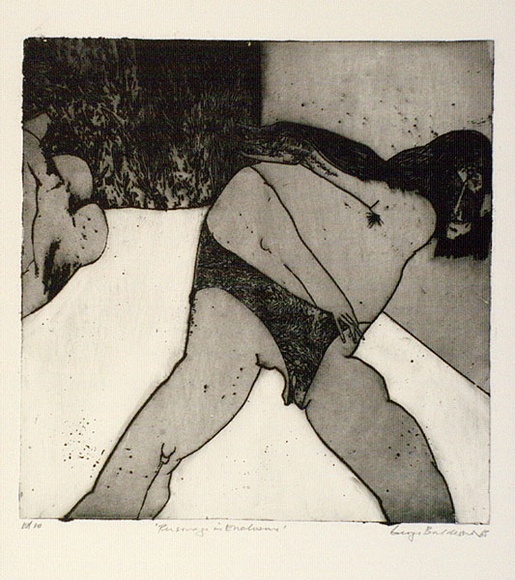 Artist: b'BALDESSIN, George' | Title: b'Personage in enclosure.' | Date: 1965 | Technique: b'etching and aquatint, printed in black ink, from one plate' Artist: b'BALDESSIN, George' | Title: b'Personage in enclosure.' | Date: 1965 | Technique: b'etching and aquatint, printed in black ink, from one plate'