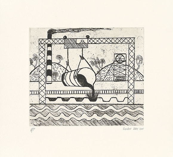 Artist: b'Bray, Vincent.' | Title: b'not titled [pouring liquid metal]' | Date: 2001 | Technique: b'etching, printed in black ink, from one plate'