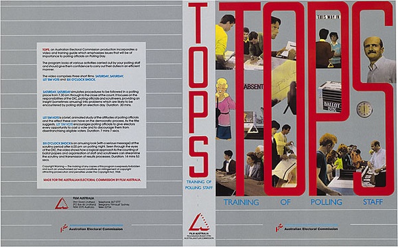 Artist: b'REDBACK GRAPHIX' | Title: b'Folder cover: TOPS (Training of polling staff)' | Date: 1986 | Technique: b'offset-lithograph, printed in colour' Artist: b'REDBACK GRAPHIX' | Title: b'Folder cover: TOPS (Training of polling staff)' | Date: 1986 | Technique: b'offset-lithograph, printed in colour'