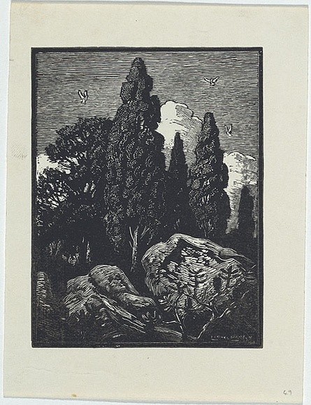 Artist: b'LINDSAY, Lionel' | Title: b'(Cypresses and rocks) [recto]' | Date: c.1922 | Technique: b'wood-engraving, printed in black ink, from one block' | Copyright: b'Courtesy of the National Library of Australia'