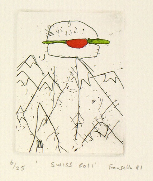 Artist: b'Fransella, Graham.' | Title: b'Swiss roll.' | Date: 1981 | Technique: b'etching, printed in black ink, from one plate; hand-coloured' | Copyright: b'Courtesy of the artist' Artist: b'Fransella, Graham.' | Title: b'Swiss roll.' | Date: 1981 | Technique: b'etching, printed in black ink, from one plate; hand-coloured' | Copyright: b'Courtesy of the artist'