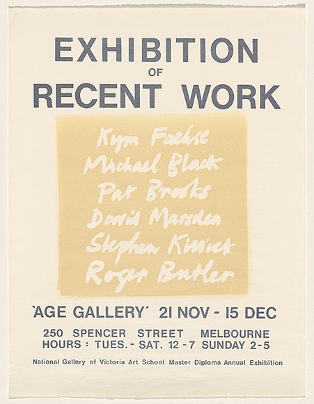 Artist: b'Marsden, David' | Title: b'Exhibition of recent work. Age Gallery, Melbourne' | Date: 1972 | Technique: b'woodblock and screenprint, printed in colour, from multiple stencils' Artist: b'Marsden, David' | Title: b'Exhibition of recent work. Age Gallery, Melbourne' | Date: 1972 | Technique: b'woodblock and screenprint, printed in colour, from multiple stencils'