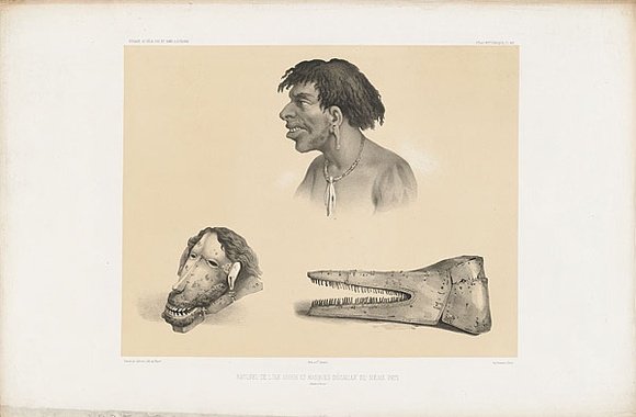 Artist: b'Le Breton, Louis.' | Title: b'Torres Strait Islander and masks' | Technique: b'lithograph, printed in black ink, from one stone' Artist: b'Le Breton, Louis.' | Title: b'Torres Strait Islander and masks' | Technique: b'lithograph, printed in black ink, from one stone'