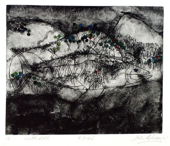 Artist: b'Shepherdson, Gordon.' | Title: b'The Mackerel: Number twelve' | Date: 1979 | Technique: b'etching and aquatint, printed in colour with plate-tone, from one plate' Artist: b'Shepherdson, Gordon.' | Title: b'The Mackerel: Number twelve' | Date: 1979 | Technique: b'etching and aquatint, printed in colour with plate-tone, from one plate'