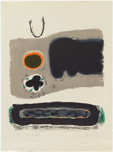 Artist: b'Dawson, Janet.' | Title: bL'oiseau de nuit (Night bird). | Date: 1960 | Technique: b'lithograph, printed in colour, from multiple stones' | Copyright: b'\xc2\xa9 Janet Dawson. Licensed by VISCOPY, Australia' Artist: b'Dawson, Janet.' | Title: bL'oiseau de nuit (Night bird). | Date: 1960 | Technique: b'lithograph, printed in colour, from multiple stones' | Copyright: b'\xc2\xa9 Janet Dawson. Licensed by VISCOPY, Australia'