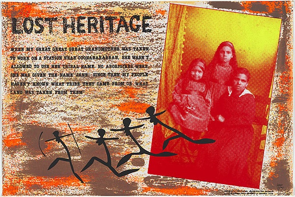 Artist: b'Hinton-Bateup, Alice.' | Title: b'Lost heritage' | Date: 1986 | Technique: b'screenprint, printed in colour, from multiple stencils' Artist: b'Hinton-Bateup, Alice.' | Title: b'Lost heritage' | Date: 1986 | Technique: b'screenprint, printed in colour, from multiple stencils'