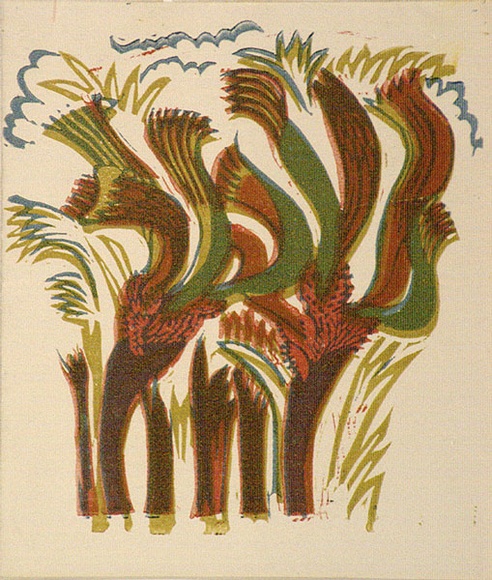 Artist: b'OGILVIE, Helen' | Title: b'Greeting card: Kangaroo paw. (Print designed as christmas card)' | Date: c.1951 | Technique: b'linocut, printed in colour, from multiple blocks' Artist: b'OGILVIE, Helen' | Title: b'Greeting card: Kangaroo paw. (Print designed as christmas card)' | Date: c.1951 | Technique: b'linocut, printed in colour, from multiple blocks'