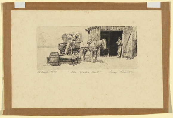 Artist: Leason, Percy. | Title: The water cart | Date: 1921 | Technique: etching, printed in black ink, from one plate | Copyright: Permission granted in memory of Percy Leason Artist: Leason, Percy. | Title: The water cart | Date: 1921 | Technique: etching, printed in black ink, from one plate | Copyright: Permission granted in memory of Percy Leason