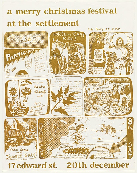Artist: b'WORSTEAD, Paul' | Title: b'A Merry Christmas festival at the Settlement' | Date: 1975 | Technique: b'screenprint' | Copyright: b'This work appears on screen courtesy of the artist' Artist: b'WORSTEAD, Paul' | Title: b'A Merry Christmas festival at the Settlement' | Date: 1975 | Technique: b'screenprint' | Copyright: b'This work appears on screen courtesy of the artist'