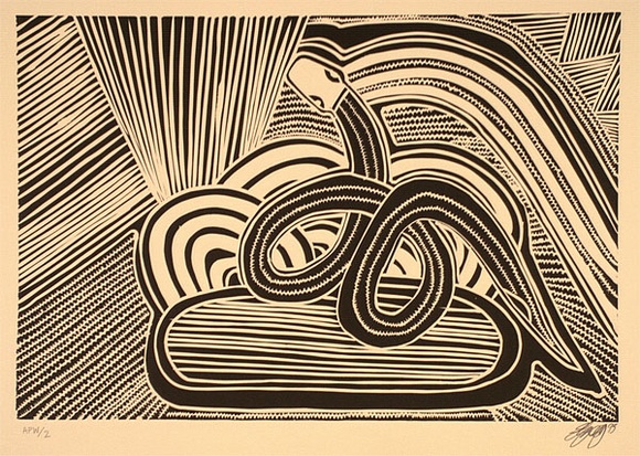 Artist: b'Green, Eddie.' | Title: b'Rainbow serpent' | Date: 1995, August | Technique: b'linocut, printed in black ink, from one block' Artist: b'Green, Eddie.' | Title: b'Rainbow serpent' | Date: 1995, August | Technique: b'linocut, printed in black ink, from one block'