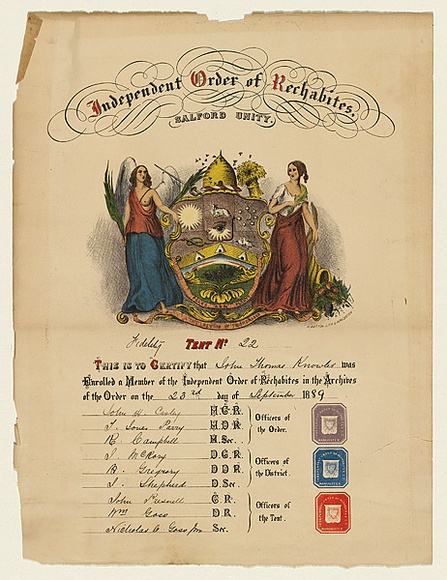 Artist: b'Button, Henry.' | Title: b'Certificate for the independent Order of Rechabites.' | Date: 23 September 1889 | Technique: b'lithograph, printed in colour, from multiple stones' Artist: b'Button, Henry.' | Title: b'Certificate for the independent Order of Rechabites.' | Date: 23 September 1889 | Technique: b'lithograph, printed in colour, from multiple stones'