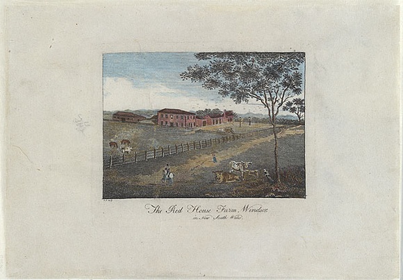 Title: b'The Red House Farm, Windsor in New South Wales.' | Date: c.1810 | Technique: b'engraving, printed in black ink, from one copper plate; hand-coloured' Title: b'The Red House Farm, Windsor in New South Wales.' | Date: c.1810 | Technique: b'engraving, printed in black ink, from one copper plate; hand-coloured'