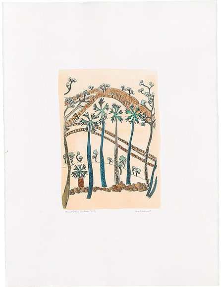 Artist: b'Bradhurst, Jane.' | Title: b'Ancient palms, Kimberley WA.' | Date: 1997 | Technique: b'lithograph, printed in black ink, from one stone; hand-coloured in watercolour' Artist: b'Bradhurst, Jane.' | Title: b'Ancient palms, Kimberley WA.' | Date: 1997 | Technique: b'lithograph, printed in black ink, from one stone; hand-coloured in watercolour'