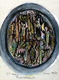 Artist: SHEARER, Mitzi | Title: not titled [oval] | Date: 1977-85 | Technique: woodcut, printed in black ink, from one block, hand-coloured, various colour