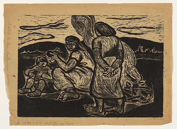 Artist: b'Groblicka, Lidia.' | Title: b'Sketch for the Autumn series: Potato eaters' | Date: 1956-57 | Technique: b'woodcut, printed in black ink, from one block' Artist: b'Groblicka, Lidia.' | Title: b'Sketch for the Autumn series: Potato eaters' | Date: 1956-57 | Technique: b'woodcut, printed in black ink, from one block'