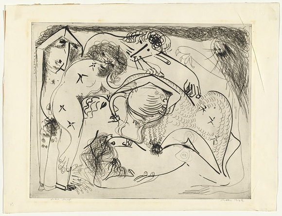 Artist: b'BOYD, Arthur' | Title: b'Figures with pot, moth and lion.' | Date: (1968-69) | Technique: b'etching, printed in black ink, from one plate' | Copyright: b'Reproduced with permission of Bundanon Trust' Artist: b'BOYD, Arthur' | Title: b'Figures with pot, moth and lion.' | Date: (1968-69) | Technique: b'etching, printed in black ink, from one plate' | Copyright: b'Reproduced with permission of Bundanon Trust'