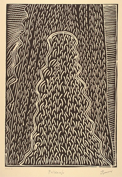 Artist: b'Ngarraija, Tommy May.' | Title: b'Pulkarrju' | Date: 1995, November | Technique: b'linocut, printed in black ink, from one block' Artist: b'Ngarraija, Tommy May.' | Title: b'Pulkarrju' | Date: 1995, November | Technique: b'linocut, printed in black ink, from one block'