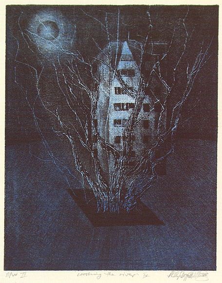 Artist: b'Doggett-Williams, Phillip.' | Title: b'Crossing the river IV' | Date: 1993 | Technique: b'lithograph, printed in colour, from two stones (black and blue)' Artist: b'Doggett-Williams, Phillip.' | Title: b'Crossing the river IV' | Date: 1993 | Technique: b'lithograph, printed in colour, from two stones (black and blue)'